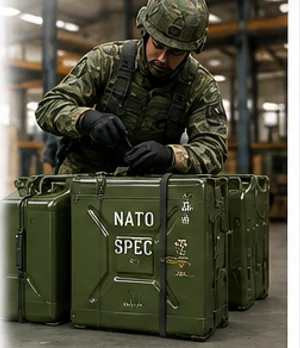 Soldier beside NATO-spec transit cases