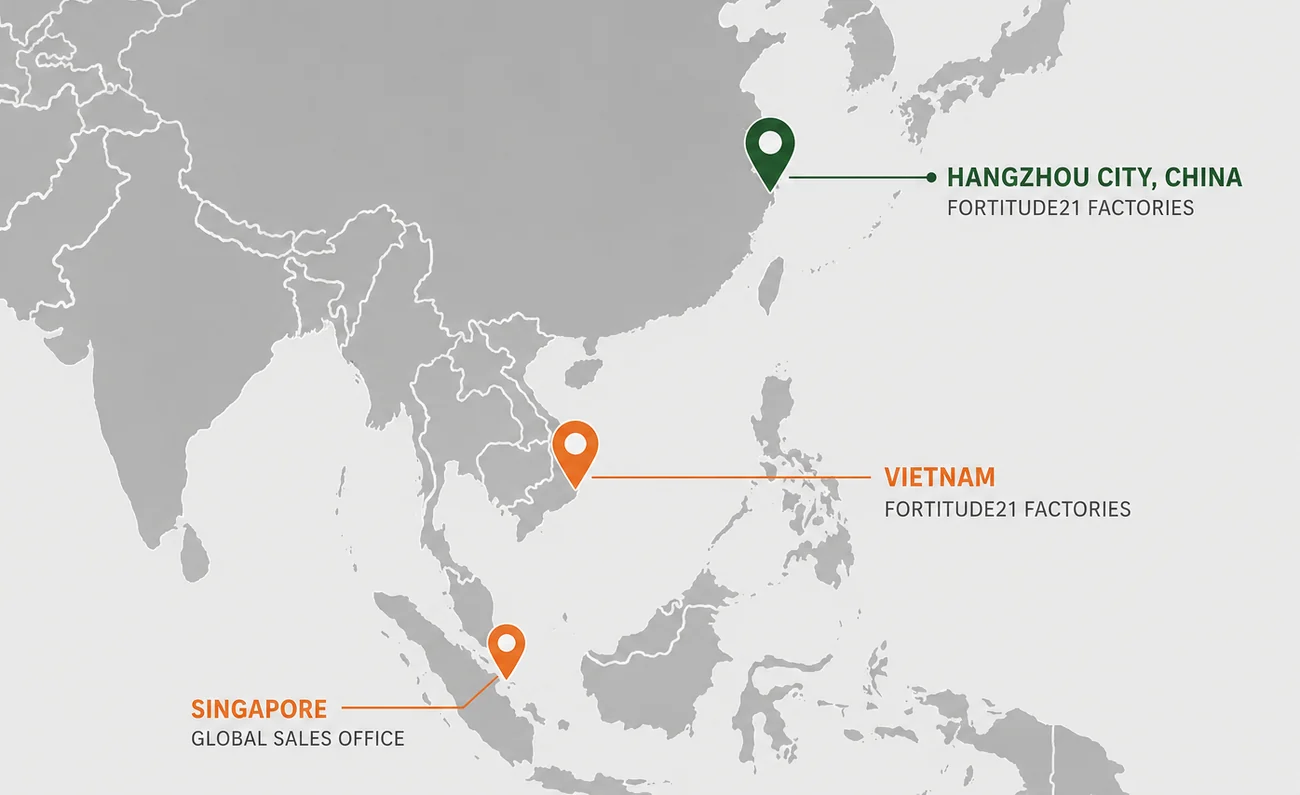 Map of the Fortitude21 network: factories in Hangzhou, China and in Vietnam, with the global sales office in Singapore