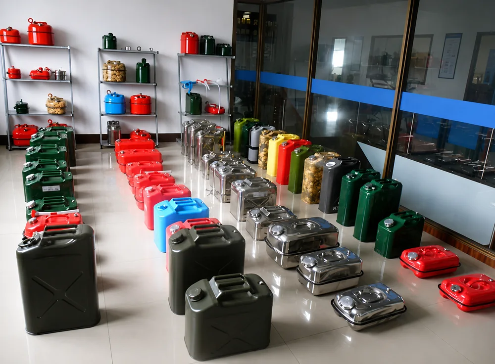 The Fortitude21 range laid out in the showroom: steel, stainless and plastic cans in NATO, horizontal and compact formats
